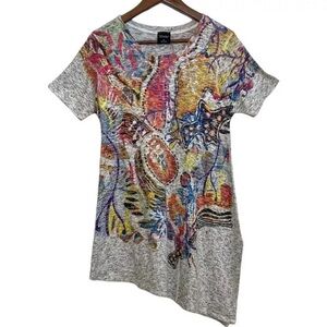 Inoah Top Womens Medium Short Sleeve Knit Tunic Abstract Wearable Art
